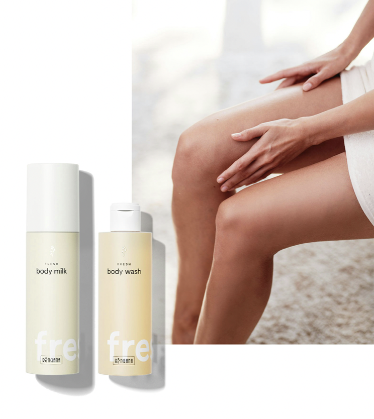 Dit zijn twee duurzame huidverzorgingsproducten van RINGANA: de FRESh body wash en de FRESH body milk